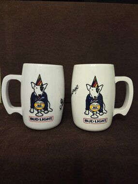 Pair Vintage 80s Spuds MacKenzie Bud Light Beer Mugs 16 OZ Frat Boy Party Busch